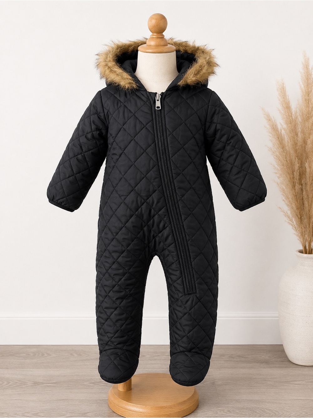 Black Quilted Infant Snowsuit with Hooded Faux Fur Trim